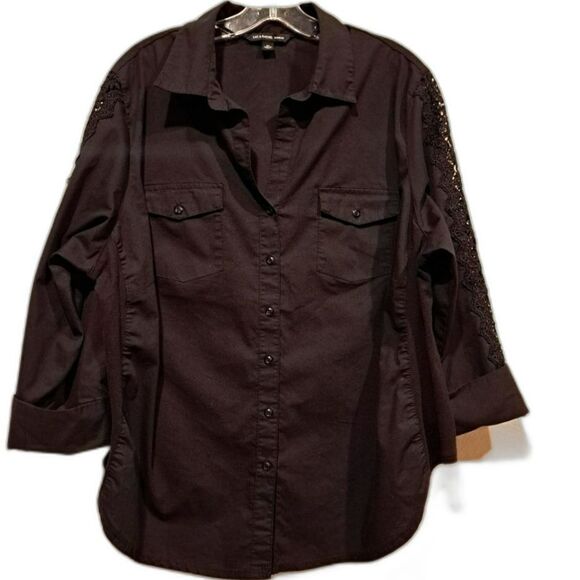 Zac & Rachel Woman black plus-size button-up top blouse crochet sleeves sz 2X - Picture 1 of 15
